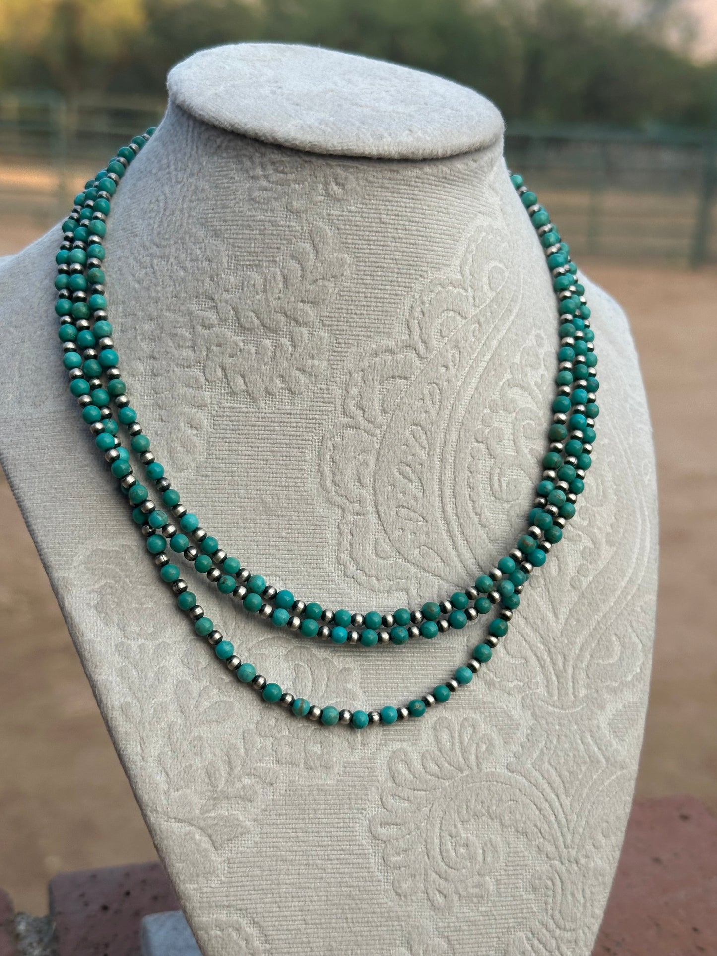 Handmade Kingman Turquoise and Sterling Silver Pearl Beaded Necklace 16” w/2 inch extender.