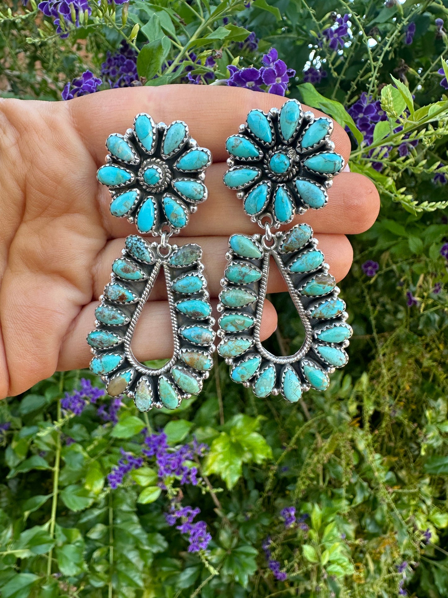 FLOWER DROPS Handmade Royston Turquoise and Silver Silver Dangles