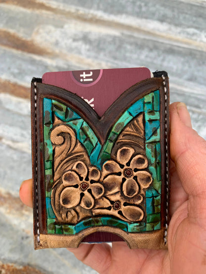 Front Pocket Hand Tooled Leather Wallet with Petite Flowers and Turquoise Border