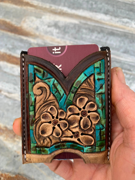 Hand Tooled Leather Boot Wallet with Petite Flowers and Turquoise Border