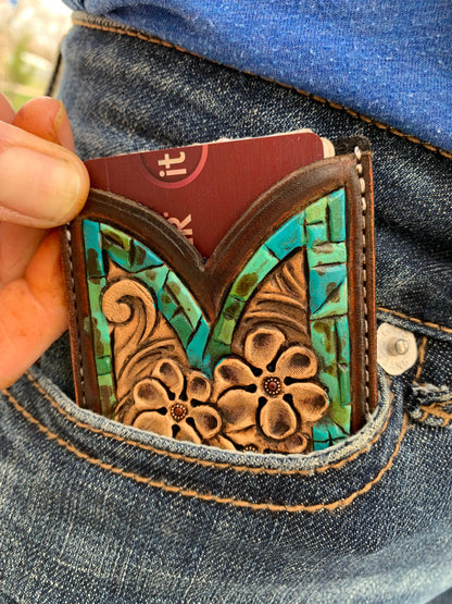 Front Pocket Hand Tooled Leather Wallet with Petite Flowers and Turquoise Border