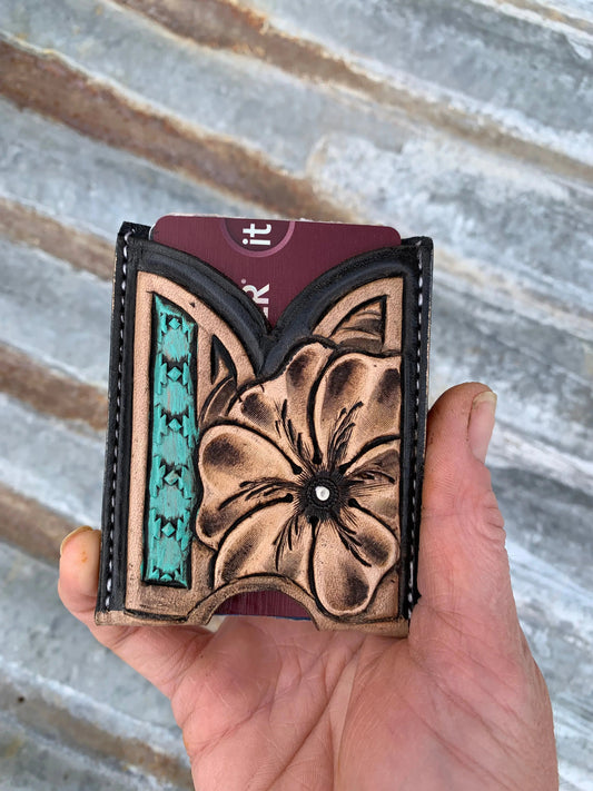 Front Pocket Hand Tooled Leather Wallet with a Flower and Southwest Bar