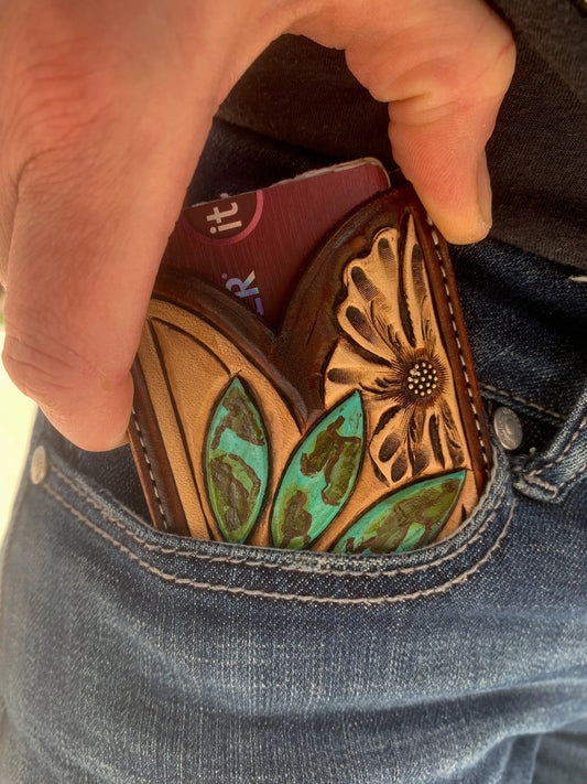 Front Pocket Hand Tooled Leather Wallet with a Turquoise Sun and Flower