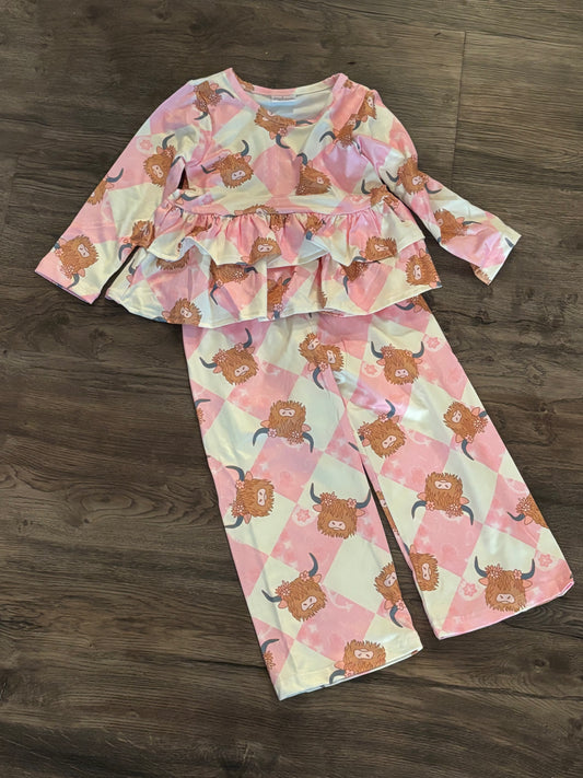 Highland Cow Printed Ruffle Tunic and Wide Cut Pants.