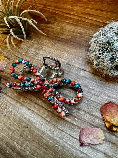 Orange & Turquoise bow hair clips