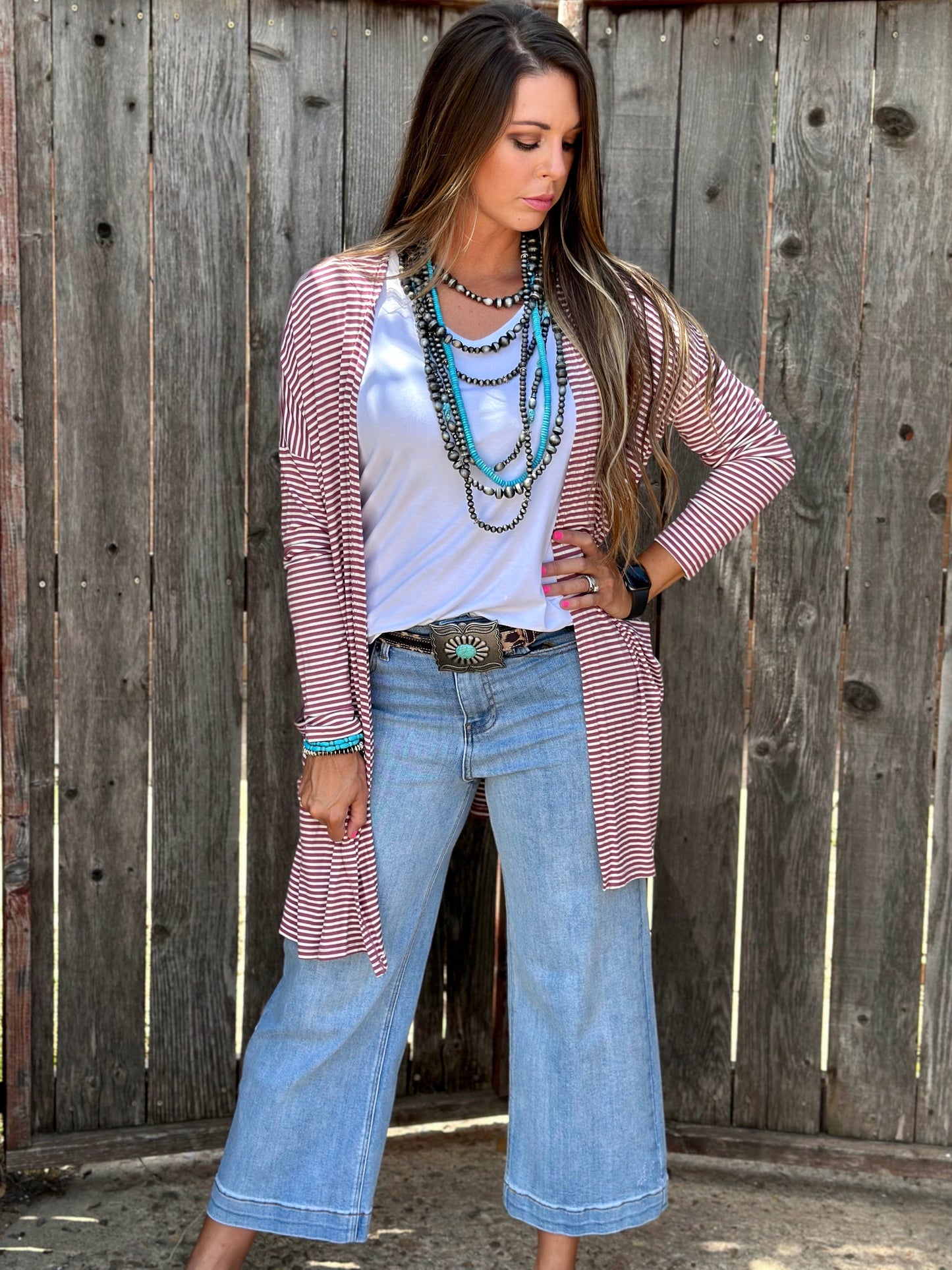 Mauve Striped Mid-Length Cardigan