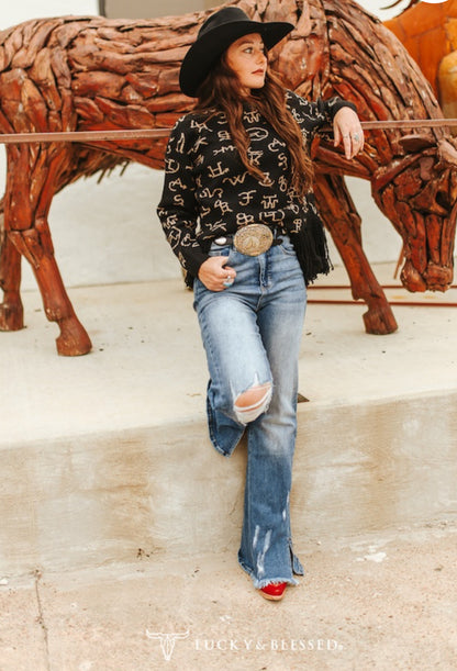 Dark Wash High Rise Distressed Knee Flare Jeans W Slits Hem (33.5in Inseam)