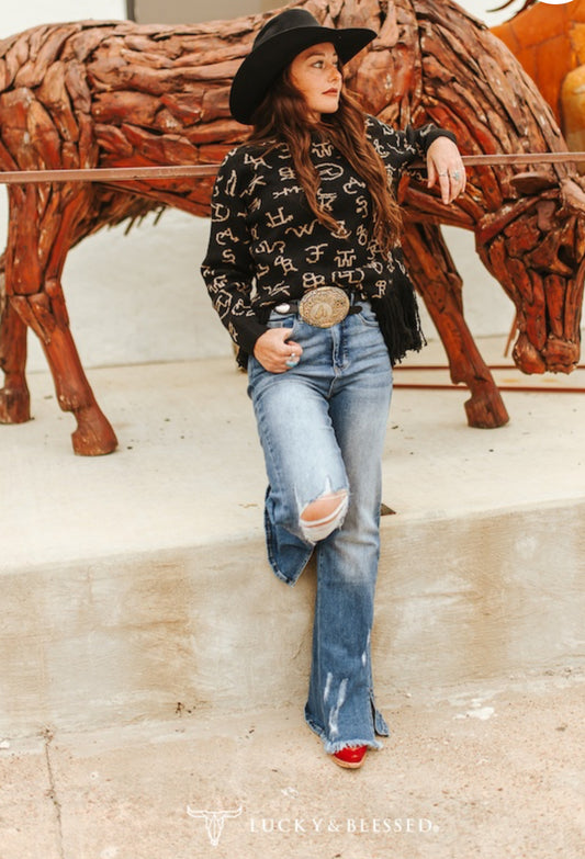 Dark Wash High Rise Distressed Knee Flare Jeans W Slits Hem (33.5in Inseam)