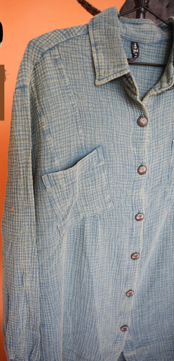 Acres Button Up- Saddle and Teal