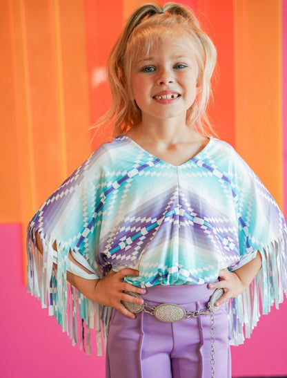 GIRLS MINT LAVENDER SERAPE FRINGE SLEEVE TOP