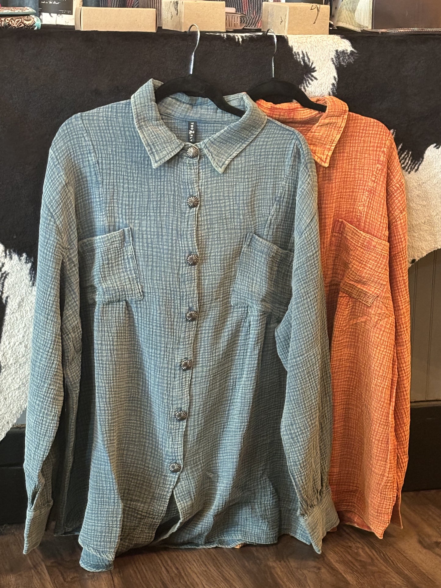 Acres Button Up- Saddle and Teal