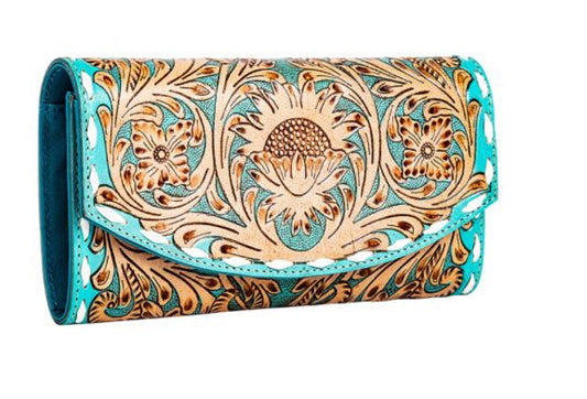 TAMBRINA HAND-TOOLED WALLET IN TURQUOISE