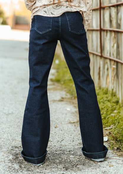 Dark Wash High Rise Front Pocket Detail Flare Jeans (31in Inseam)