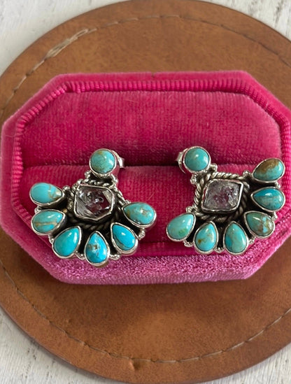 Handmade Herkimer Diamond, Turquoise & Sterling Silver Post Earrings Signed Nizhoni