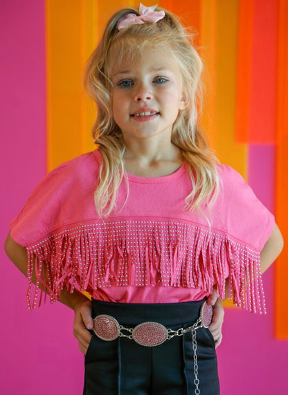 Girls Pink Short Sleeve Top W Front Fringe