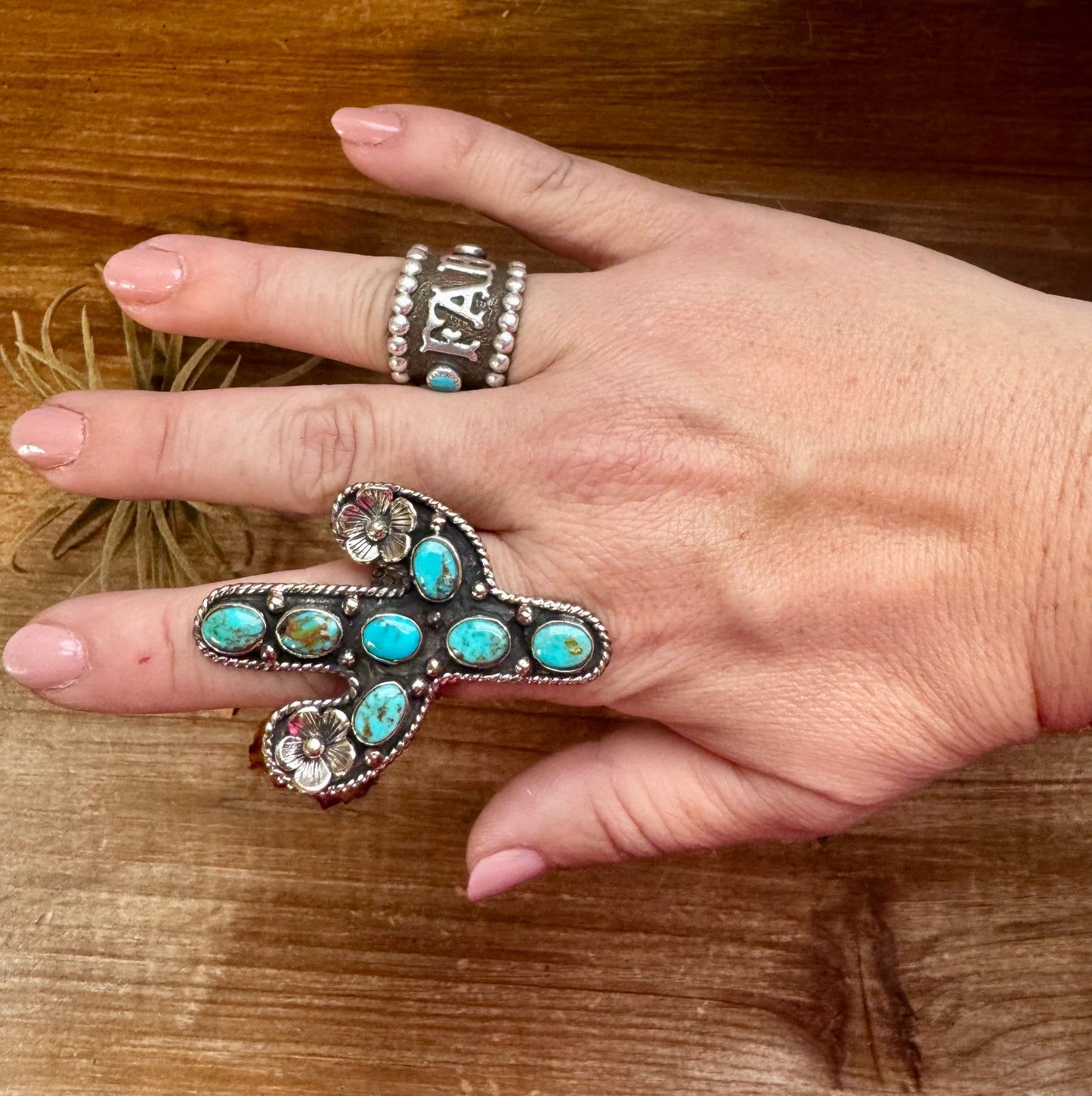 Blue Turquoise Cactus Ring with flower - Adjustable - Brass silver