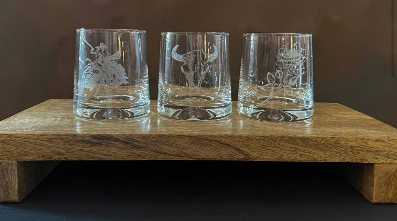 Western Inspired Old Fashioned Whiskey Glasses- Set of 3