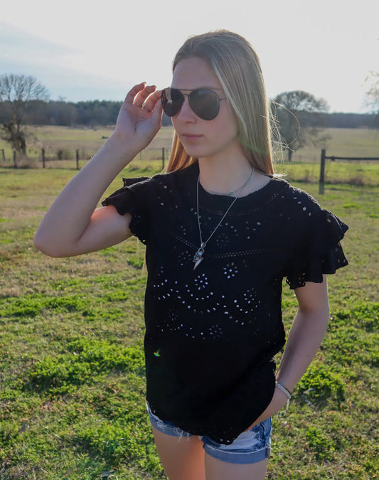 The Eyelet Flutter Sleeve Top - Black