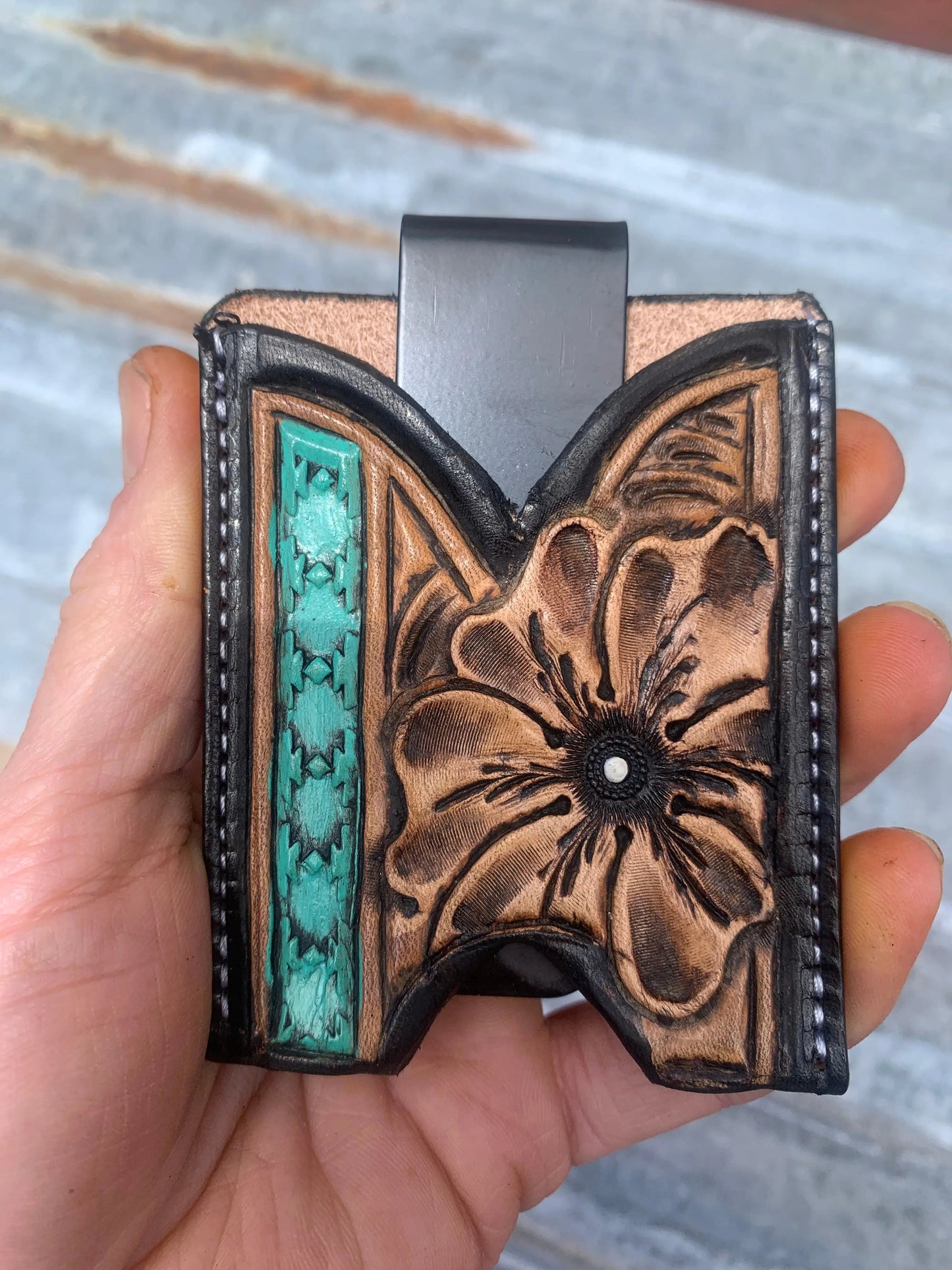 Hand Tooled Leather Boot Wallet with Flower and Southwest Bar