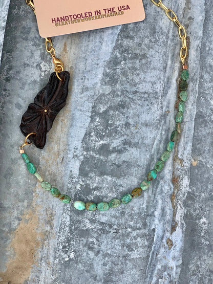 The Patsy Handtooled Long Sheridan Flower Necklace with Gold Chain and Turquoise