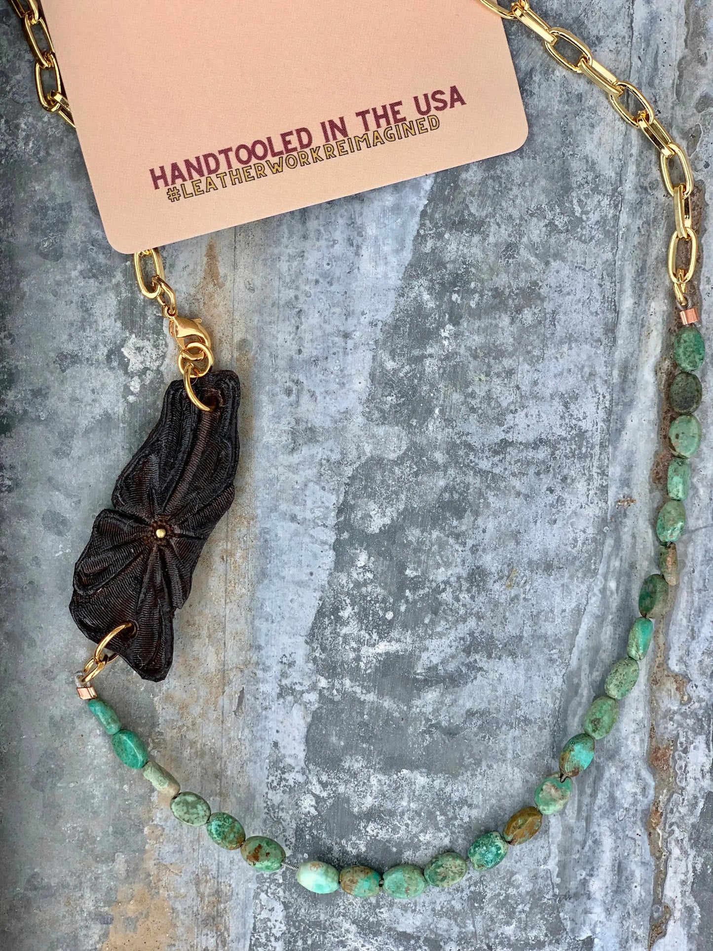 The Patsy Handtooled Long Sheridan Flower Necklace with Gold Chain and Turquoise