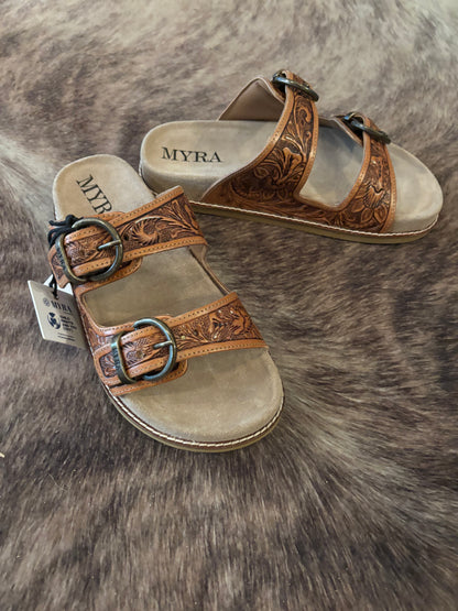 Desert Fern Handtooled Leather Sandals In Autumn Tan