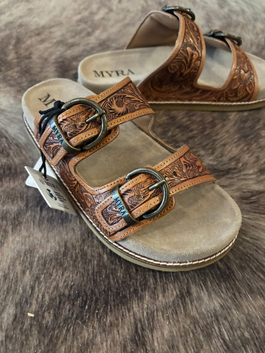 Desert Fern Handtooled Leather Sandals In Autumn Tan