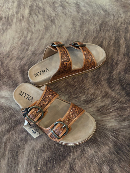 Desert Fern Handtooled Leather Sandals In Autumn Tan