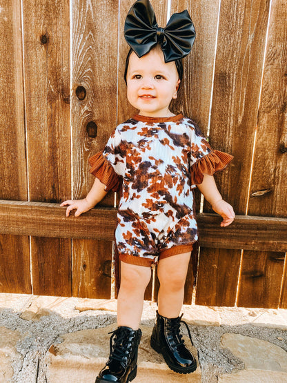 Cow print bubble romper/top with fringe