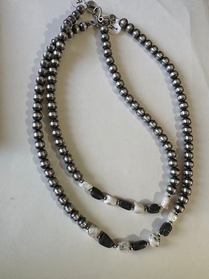 Navajo Pearl Sterling Silver & White Buffalo Beaded Necklace 14-20 Inch