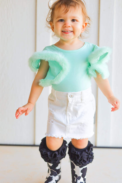 Mint leo with boa sleeves romper/top