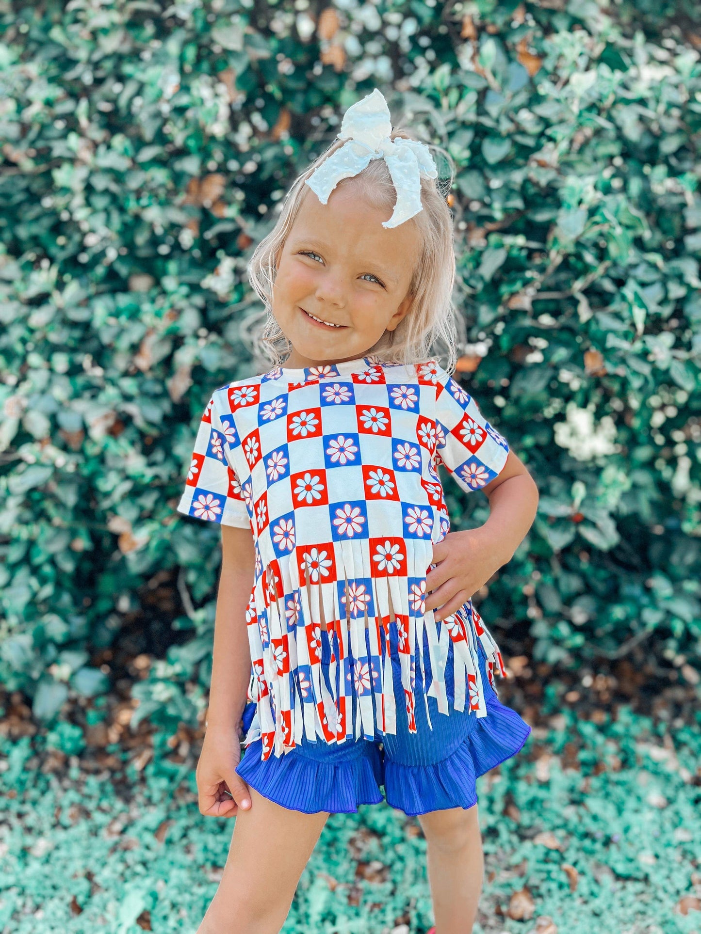 Floral Checkered Patriotic Fringe Top