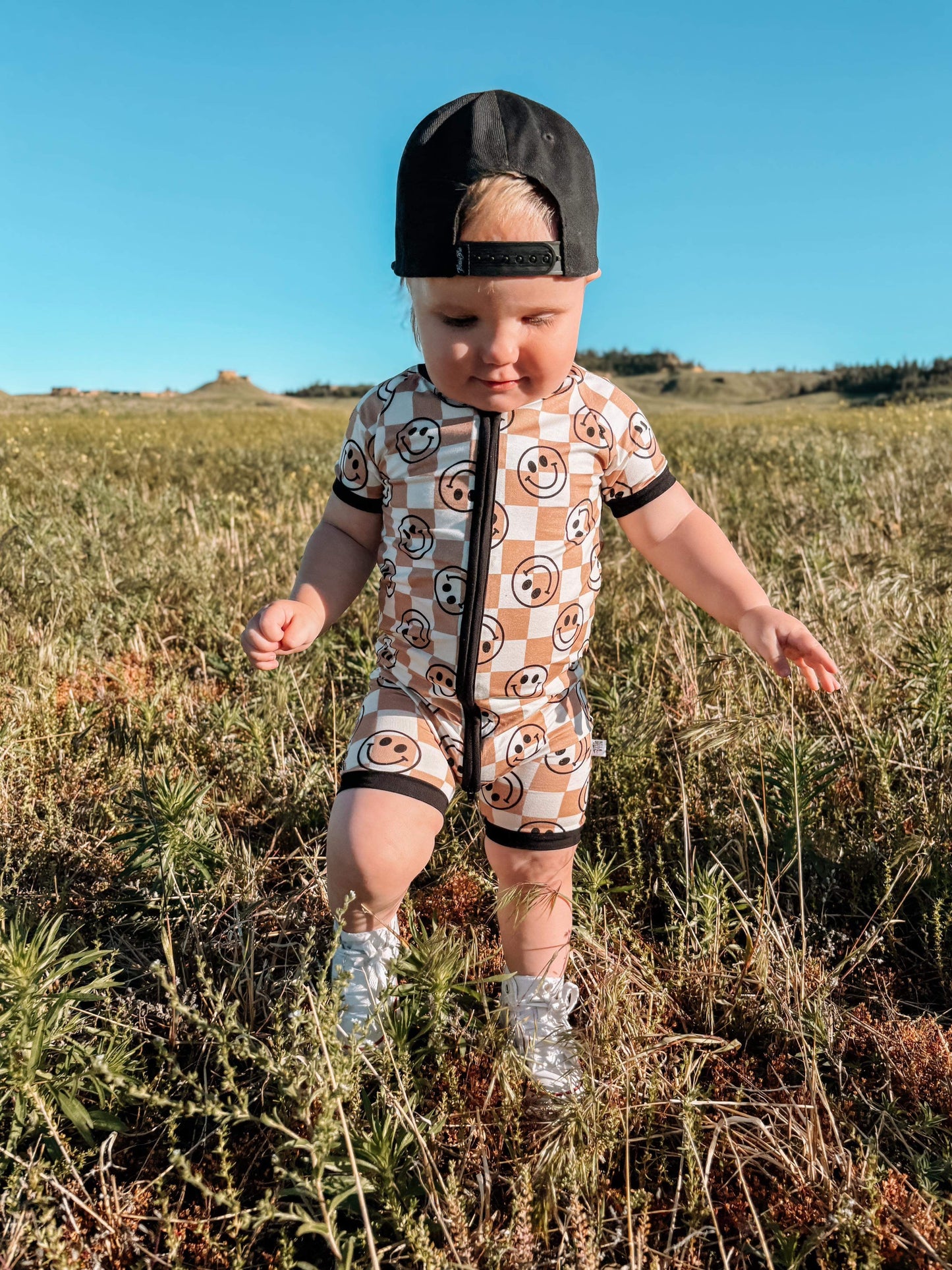 Neutral Checks Smiles Bamboo Shortie Romper