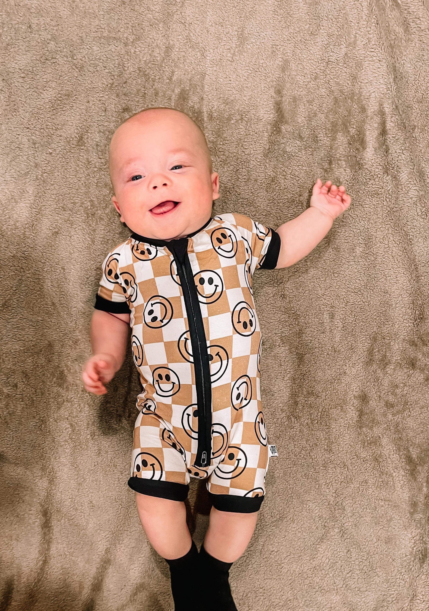 Neutral Checks Smiles Bamboo Shortie Romper