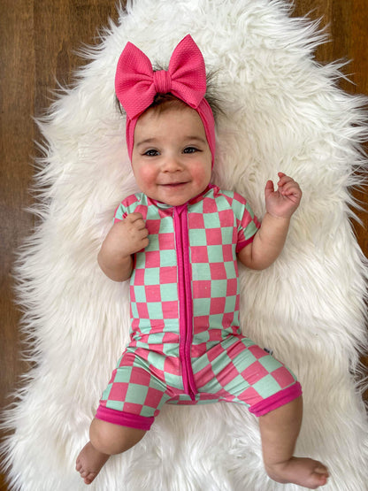 Bubblegum Checks Bamboo Shortie Romper