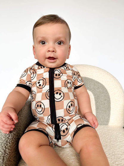 Neutral Checks Smiles Bamboo Shortie Romper