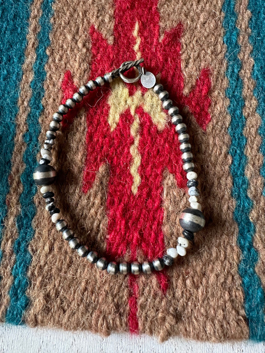 Navajo White Buffalo & Sterling Silver Pearl Beaded Bracelet