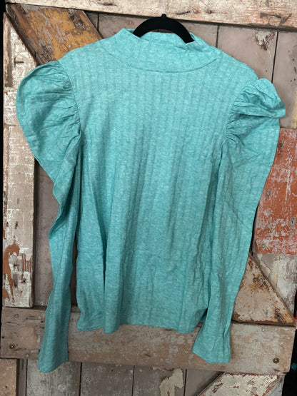 Turquoise Ribbed Puff Sleeve Mock Neck Top