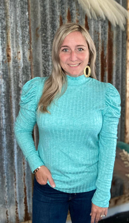 Turquoise Ribbed Puff Sleeve Mock Neck Top