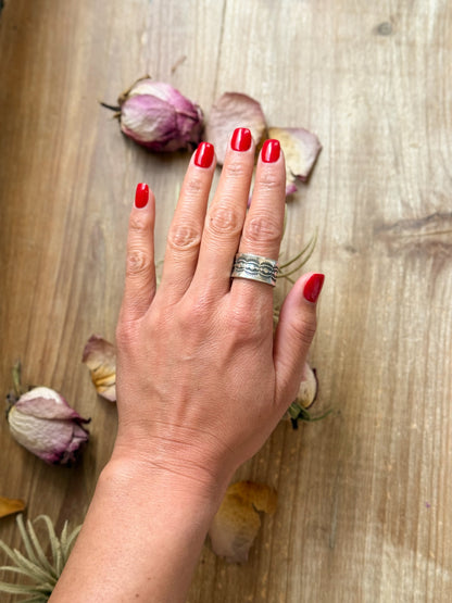Sterling Silver Hand-Milled Wide Band Fancy Sun Ray Stamped Ring – Size 9 – Handmade by Artist Jason