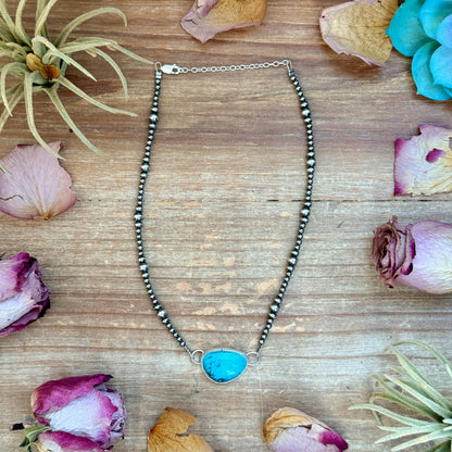 Sterling Silver Pearl & Turquoise Choker – 13” + 2” Extender – In-House Silversmithing – One of a Kind