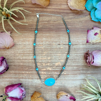 Sterling Silver Pearl & Turquoise Choker – 13” + 2” Extender – In-House Silversmithing – One of a Kind