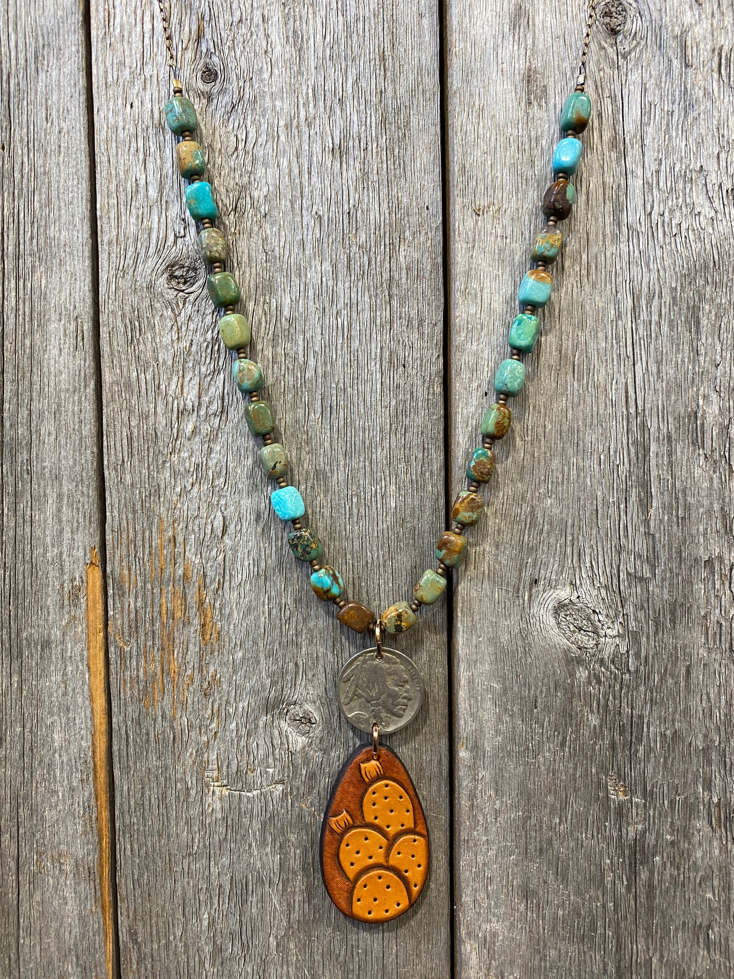 17252 Kingman Turquoise w/Buffalo Nickel & Tooled Leather Prickly Pear Teardrop