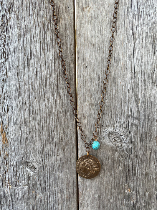 17282 Dk Bronze Chain w/Turquoise & Indian Coin