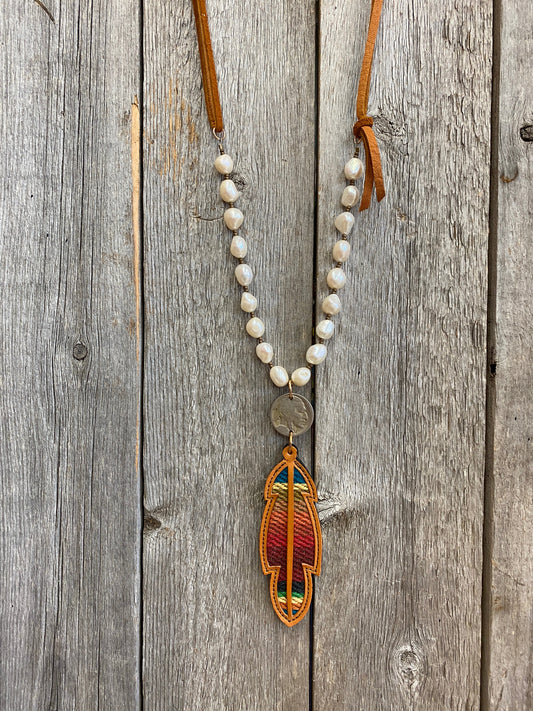 17150 Pearls w/Buffalo Nickel and Serape Feather Pendant