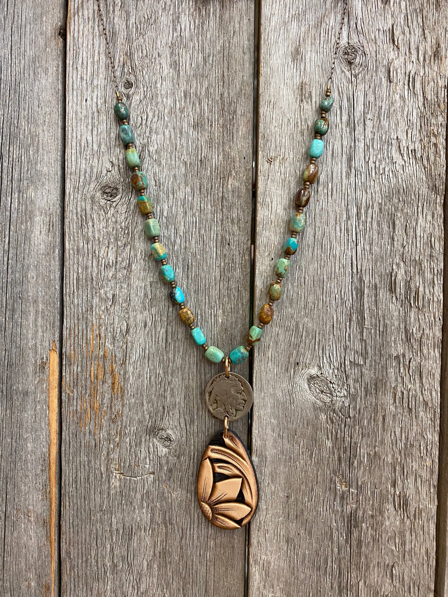 17135 Kingman Turquoise, Buffalo Nickel, & Leather Two Tone Teardrop