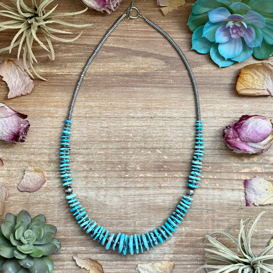 Light Blue Turquoise Graduated Necklace with Sterling Silver Pearls & Hematite – 23”