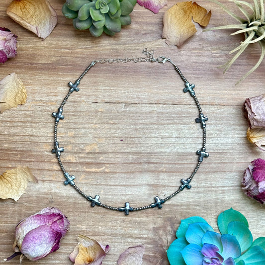 15” Cross Necklace – Glass Seed Beads with Silver Plated Cross