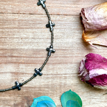 15” Cross Necklace – Glass Seed Beads with Silver Plated Cross