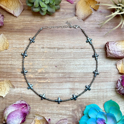 15” Cross Necklace – Glass Seed Beads with Silver Plated Cross